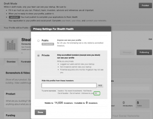 Private profile on AngelList